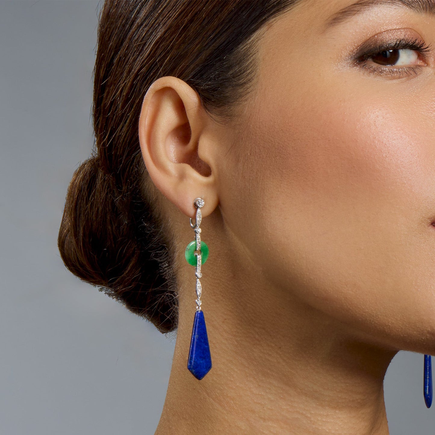 Macklowe Gallery French Art Deco Lapis, Jadeite and Diamond Pendant Earrings